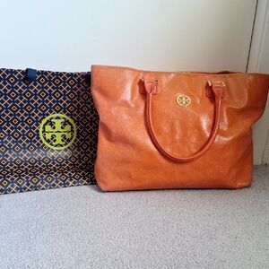 Tory Burch Orange Structured Leather Tote